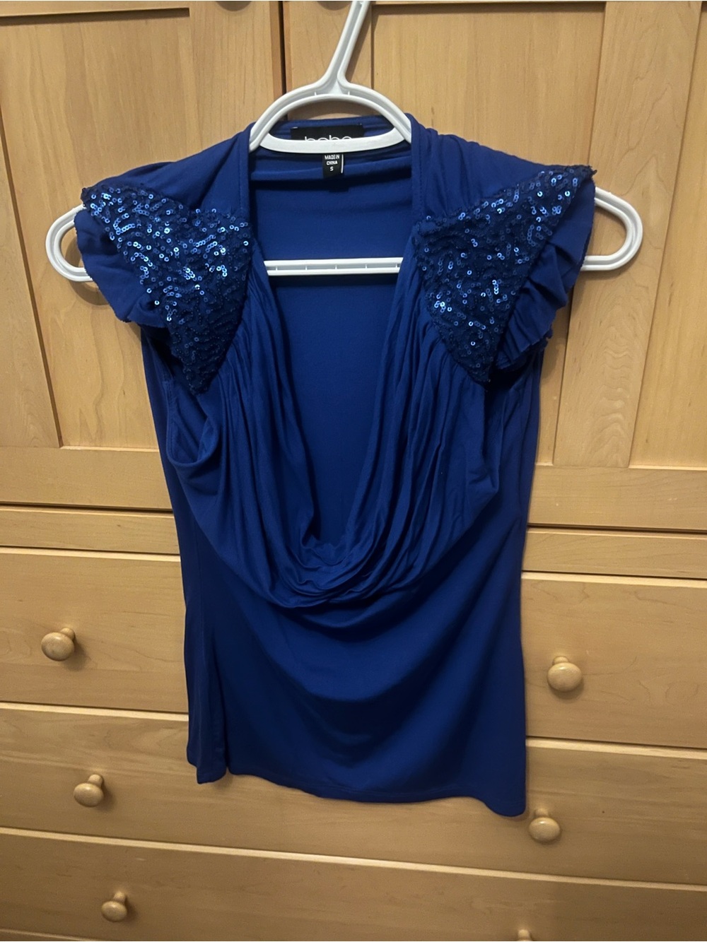 Women’s BEBE Draped Cowl Neck Top with Sequin Cap Sleeves - Royal Blue